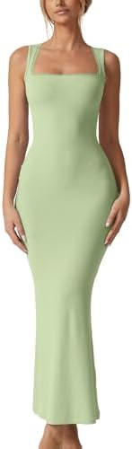 QINSEN Women's Square Neck with Lace Detail Long Maxi Dress Sleeveless Lounge Ribbed Full Length ... | Amazon (US)