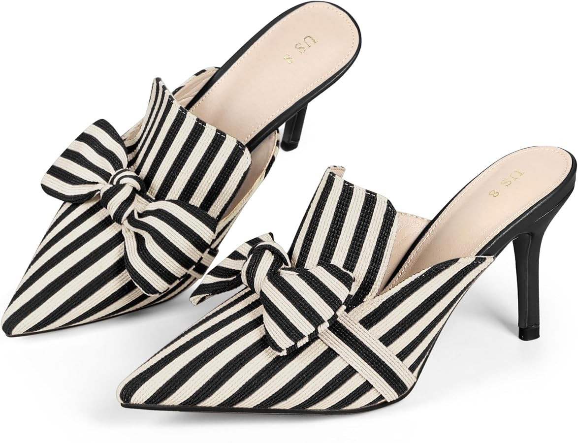 Perphy Bow Stripe Pointed Toe Slip on Heel Pumps Slides Mules for Women | Amazon (US)