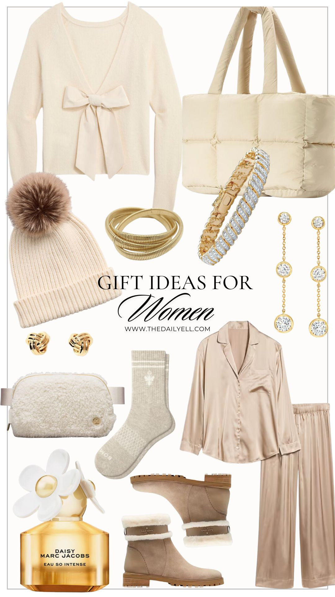 Holiday Gift Guide | Holiday Gifts for Her | 

Affordable (everything under $100) and chic items that would make any woman smile this holiday season.

1.  Bow Back Sweater
2.  Puffer Tote
3.  Pom Pom Hat
4.  Stackable Bracelets
5.  Affordable Gold and Diamond Bracelet

6. Drop Earrings
7.  Gold Knot Earrings
8.  Lululemon Everywhere Fleece Belt Bag

9. Cozy Socks
10.  Silky Pajamas
11.  Marc Jacobs Daisy
12.  Kate Spade Bots 

 #LTKCyberWeek #LTKGiftGuide #LTKHoliday