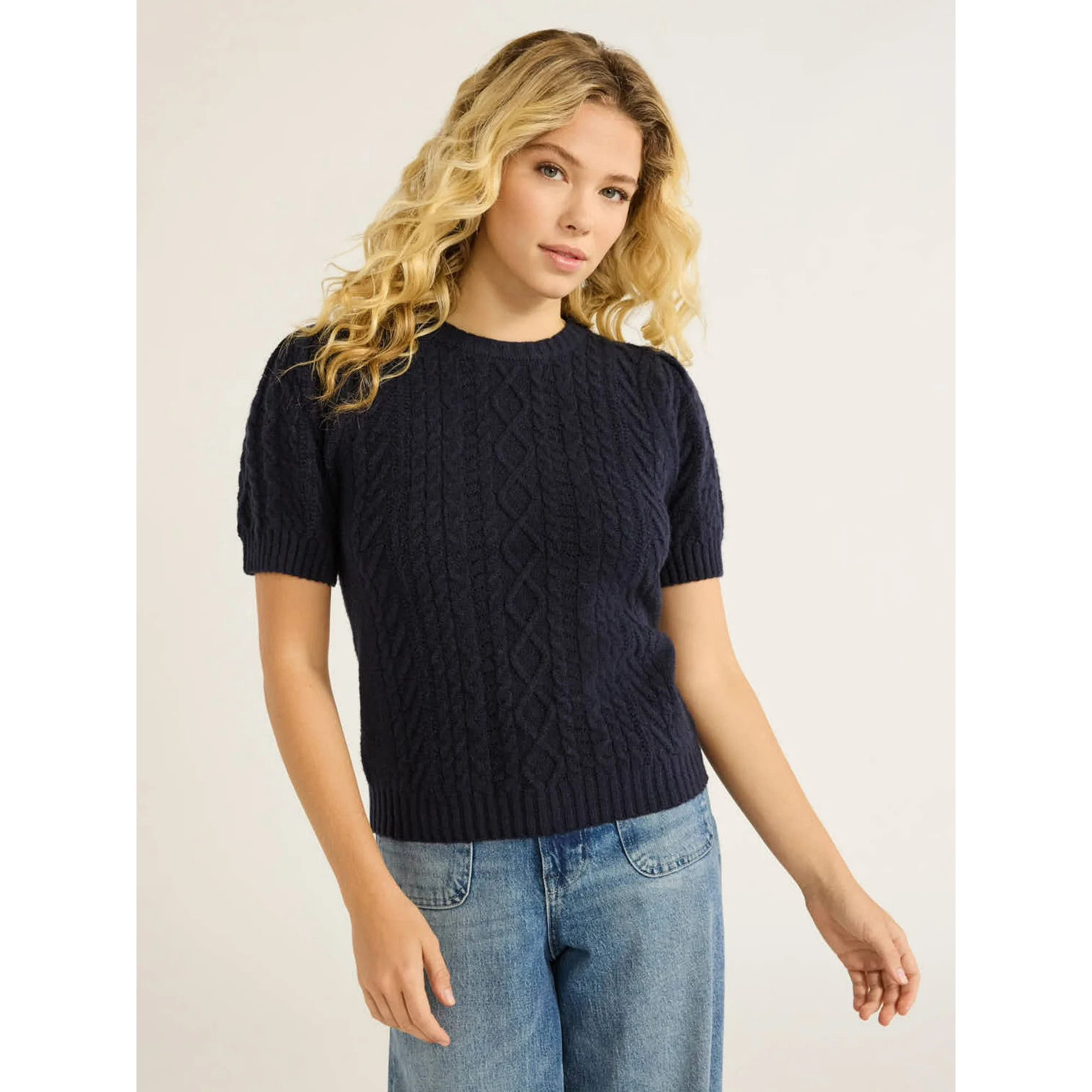 Free Assembly Women's Cable Knit Sweater with Short Puff Sleeves, Sizes XS-XXL | Walmart (US)