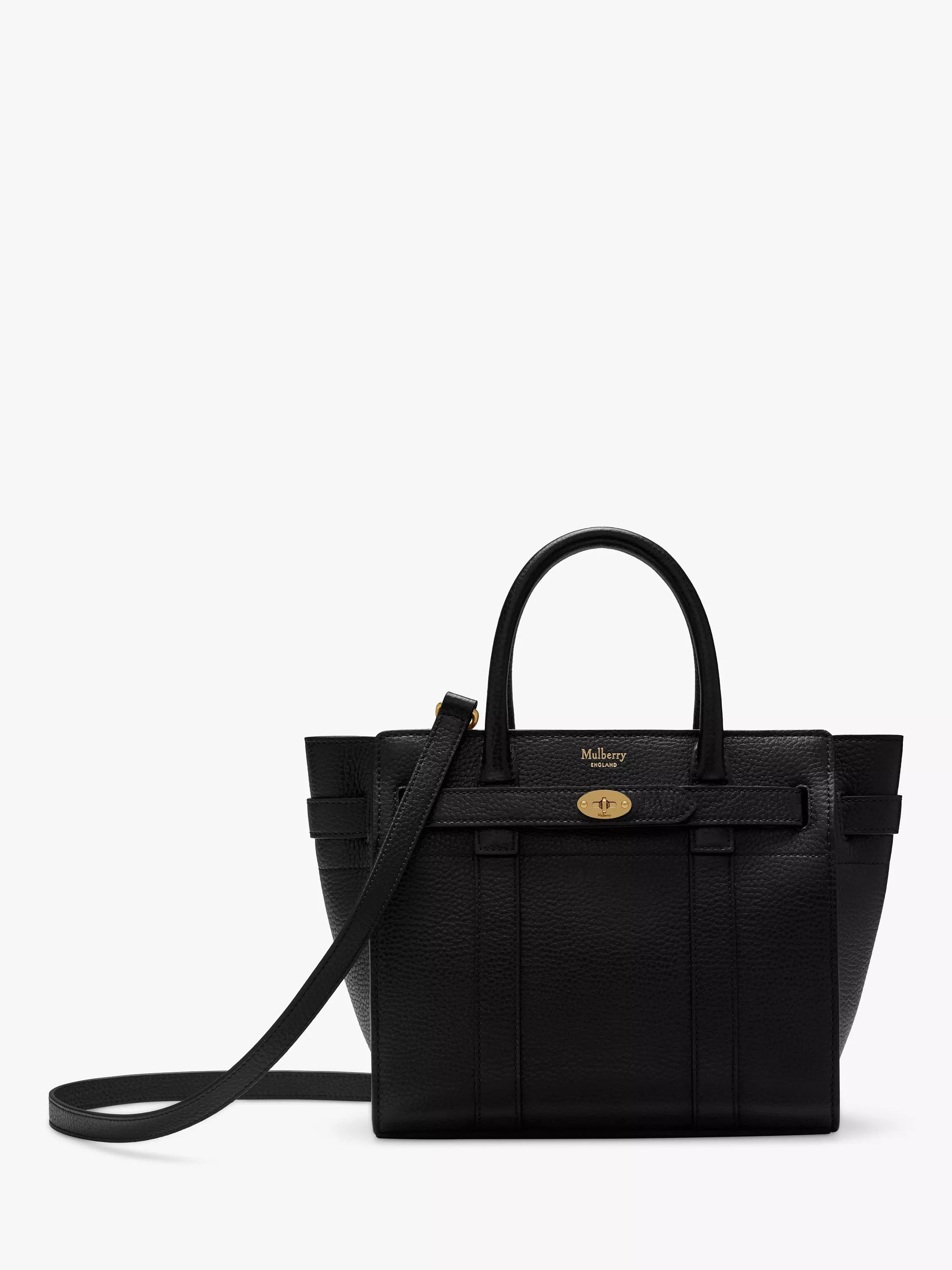 MulberryMini Bayswater Zipped Classic Grain Leather Tote Bag, Black | John Lewis (UK)