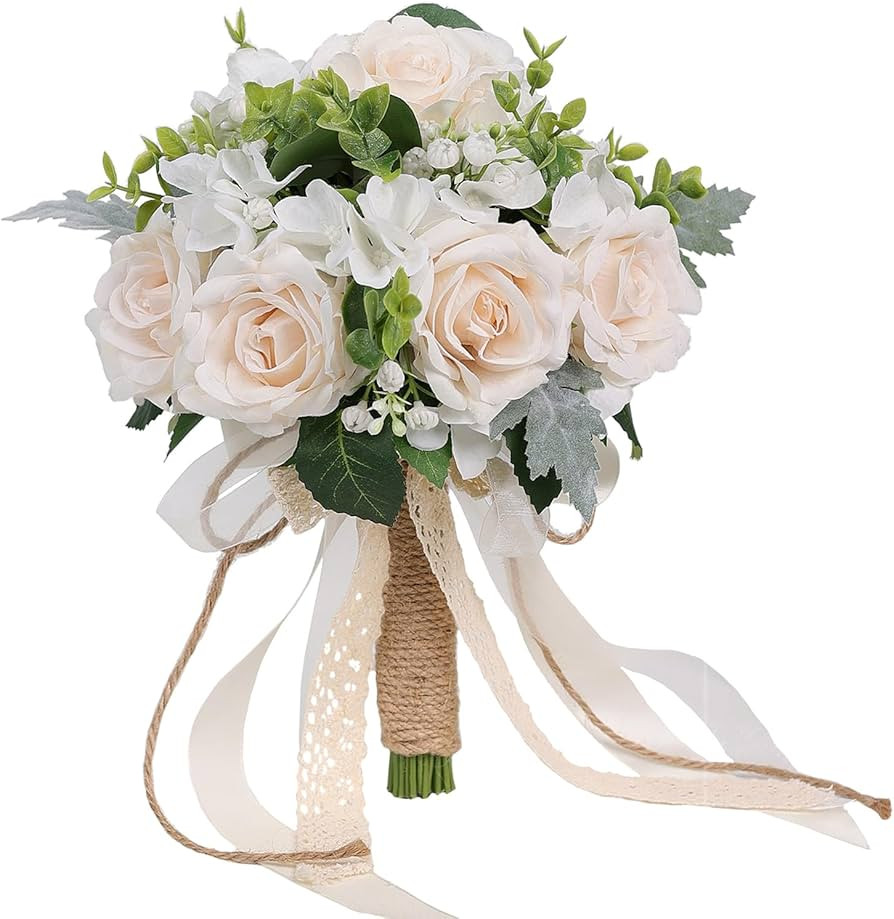 Zheart Wedding Bouquets for Bride Bridesmaid - 8" White Champagne Bridal Bouquet Artificial Roses for Wedding Church Decoration | Amazon (US)