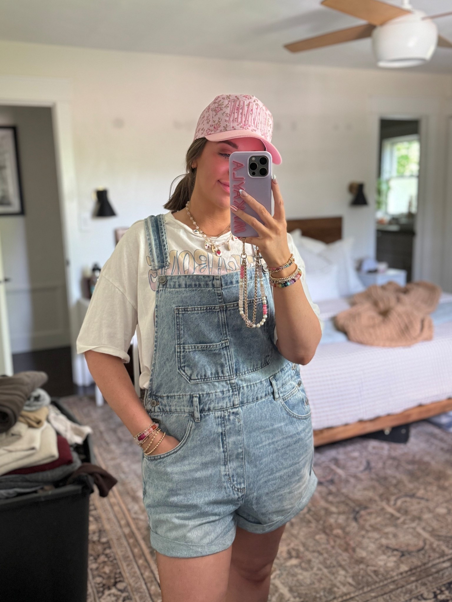 Best overalls ever 🩵 in a size L, def needed a medium but kept just for a super oversized easy outfit 🤪 love how loose they are! Will also link my phone case and chain 🥰

Summer outfits, easy summer look, Sunday funday, trucker hat, mommin’ trucker hat 

#LTKFindsUnder100 #LTKSeasonal