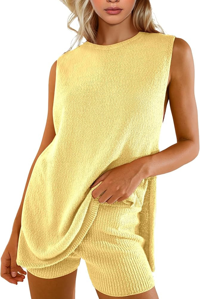 Womens Summer Sweater Set Sleeveless Knit Top Matching Shorts Set 2 Piece Outfits Beach Vacation ... | Amazon (US)