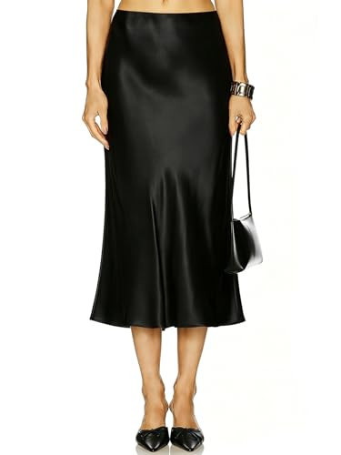 2026 Women's Satin Midi Skirt High Waisted Hidden Elasticized Waistband Flowy A-Line Silk Long Skirts for Women. Black | Amazon (US)