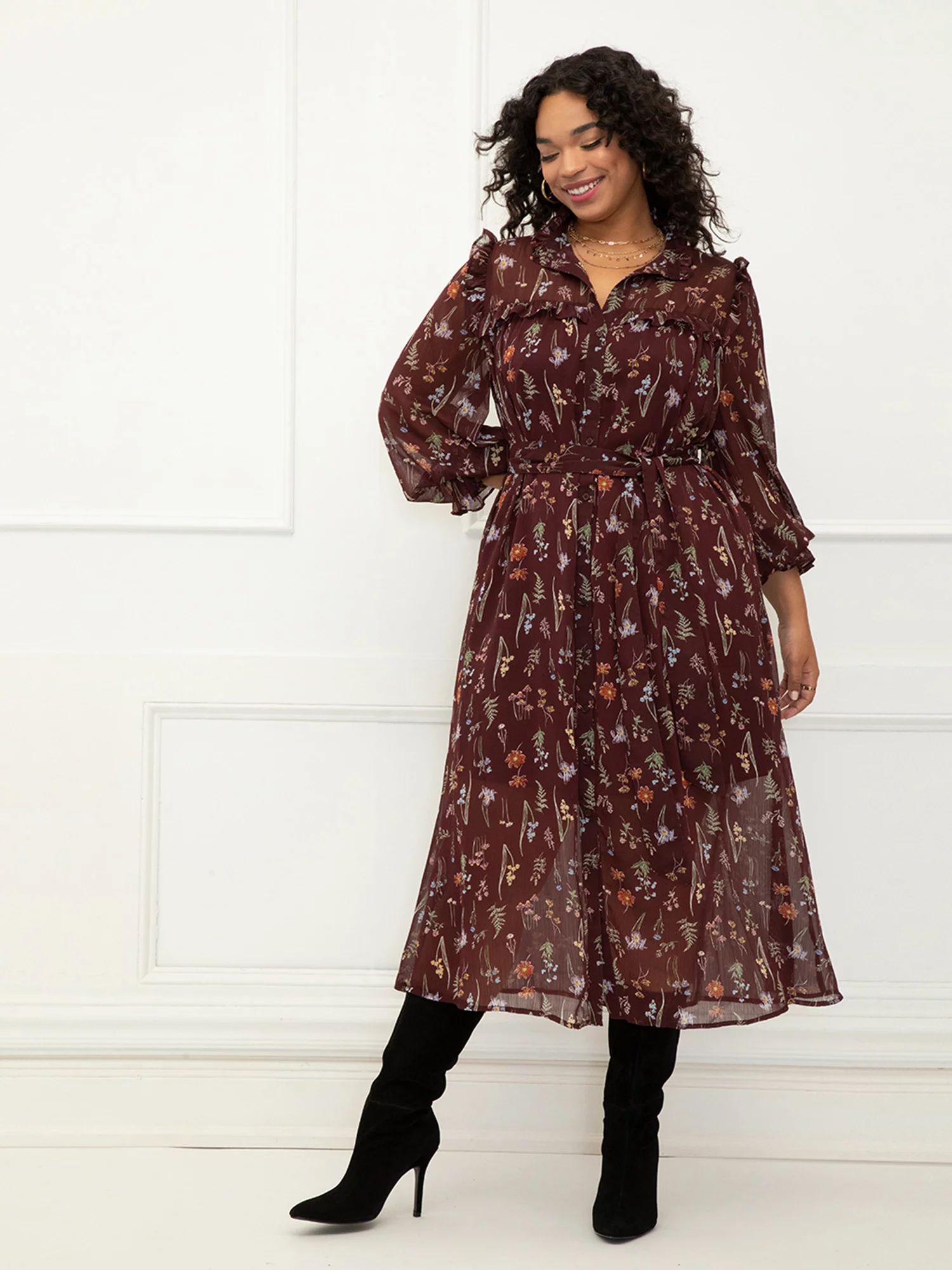 ELOQUII Elements Women's Plus Size Midi Shirtdress With Ruffles - Walmart.com | Walmart (US)