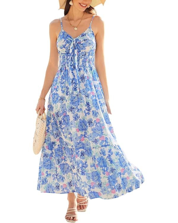 GRACE KARIN Women's 2024 Summer Beach Dress Floral V Neck Tie Front Spaghetti Strap Flowy Long Dr... | Amazon (US)