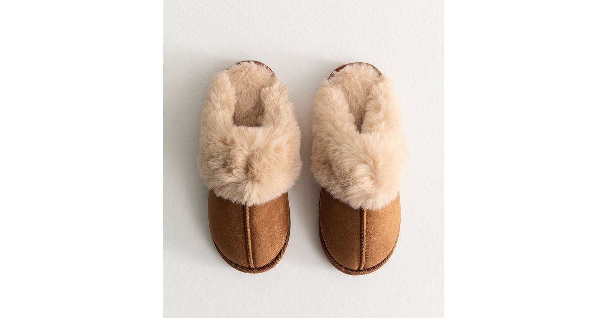 Tan Faux Suede and Faux Fur Trim Slippers | New Look | New Look (UK)