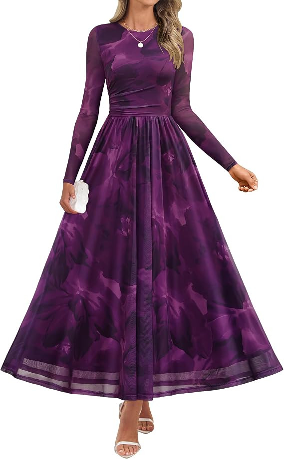 ZESICA Women's Fall Long Sleeve Wedding Guest Dresses | Crewneck, Floral Print, Maxi Dress, Mesh,... | Amazon (US)