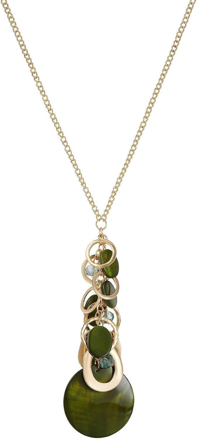 Gold/Silver Long Tassel Necklace for Women, Boho Chain Elegant Statement Necklace with Big Mother of Pearl Shell Pendant, Costume Jewelry Sweater Chain Y-shape | Amazon (US)