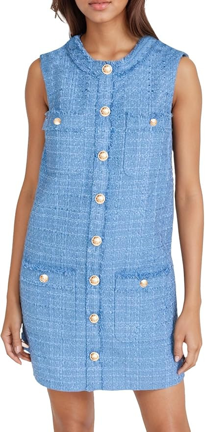 Kedera Womens Tweed Jackie Dress Elegant Crew Neck Sleeveless Button Bodycon Mini Dress | Amazon (US)
