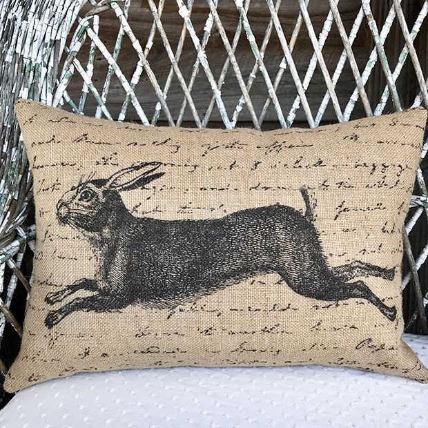 Leaping Rabbit Burlap Lumbar Pillow | Antique Farm House