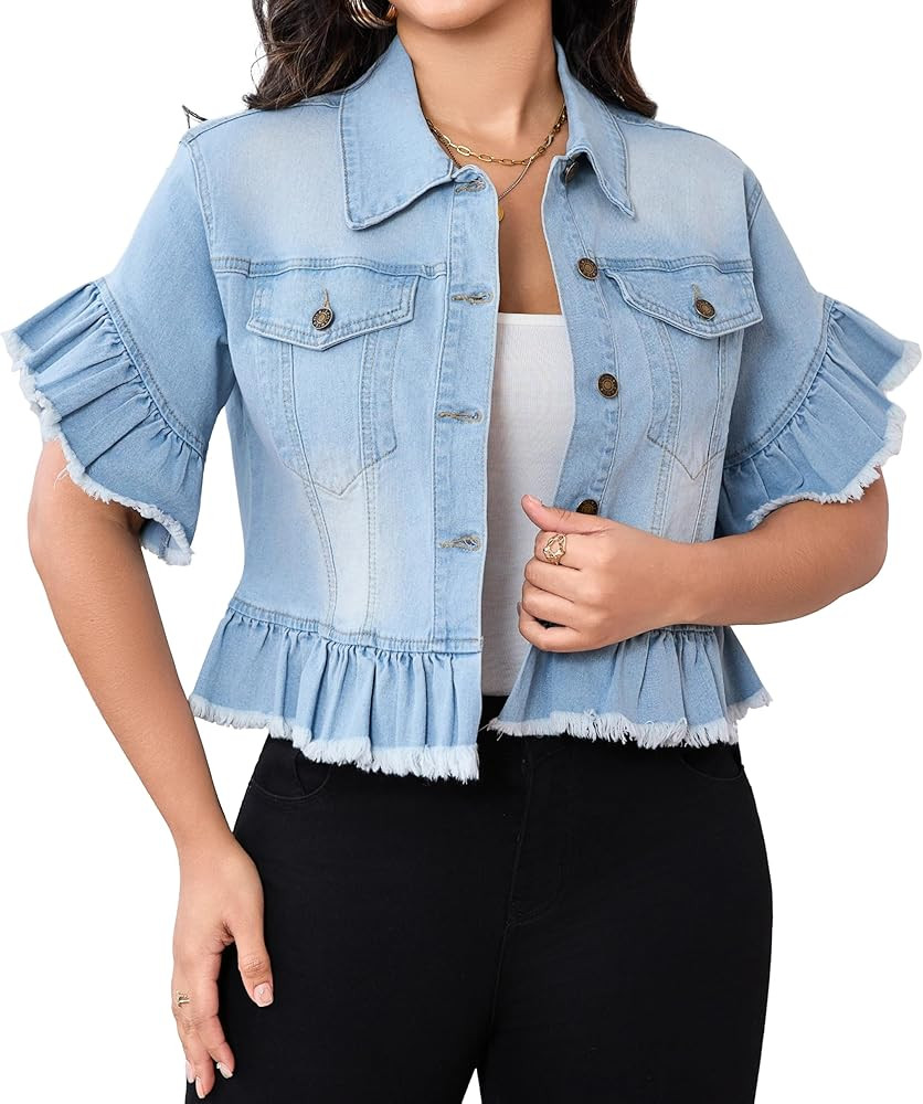 SeNight Women's Jean Jacket Long Sleeve Classic Distressed Fray Hem Tassels Denim Trucker Jackets | Amazon (US)