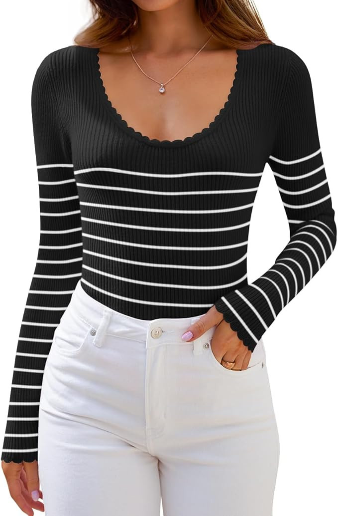 ZESICA Women's Long Sleeve Striped Tops Fall Scoop Neck Slim Fit Ribbed Knit Sweater Basic Casual... | Amazon (US)