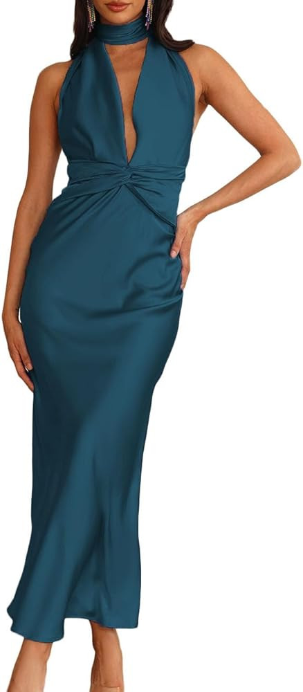 Summer Sexy Satin Backless Halter Maxi Dress for Women Elegant Sleeveless V Neck Twist Wedding Gu... | Amazon (US)