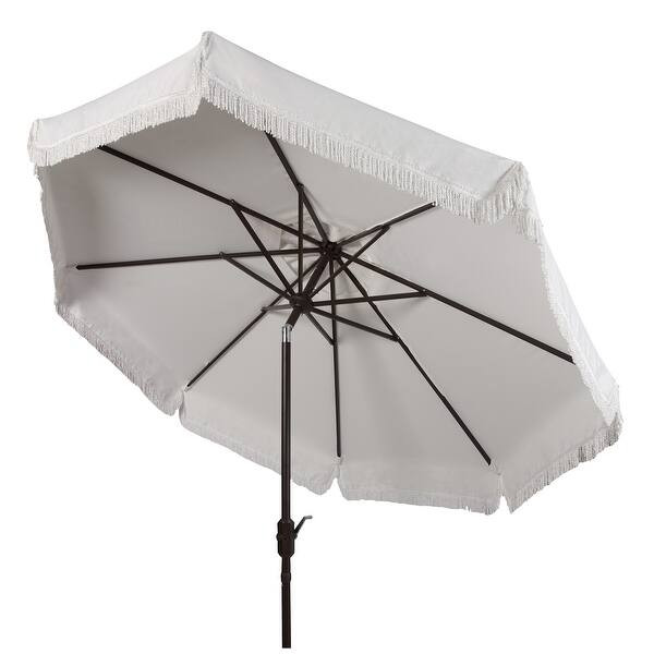 SAFAVIEH Milan Fringe 9-foot Crank White Outdoor Umbrella - Bed Bath & Beyond - 14586566 | Bed Bath & Beyond