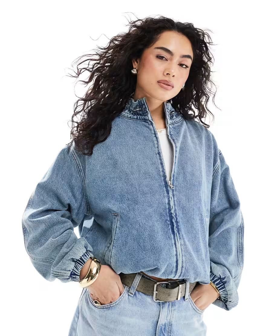 ASOS DESIGN denim bomber jacket with frill collar in midwash blue | ASOS (Global)