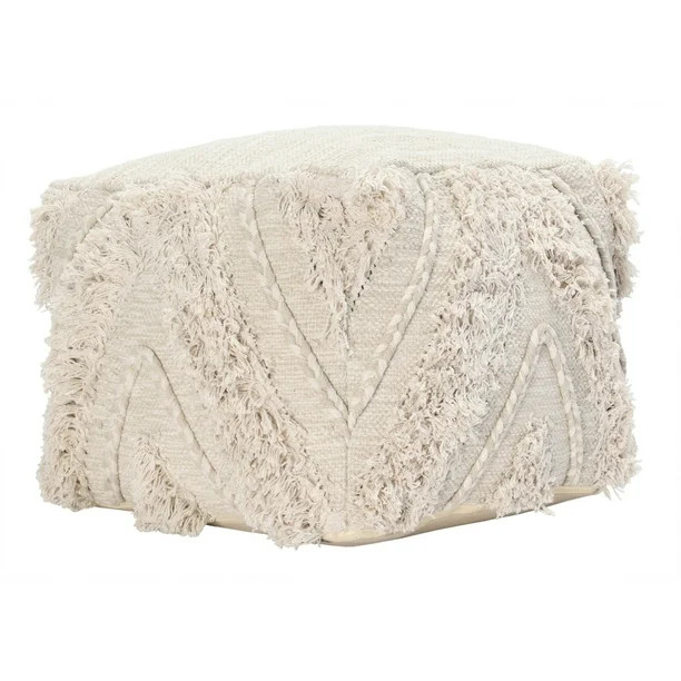 Fabric Pouf Ottoman with Woven Design and Fringe Details, Cream - Walmart.com | Walmart (US)