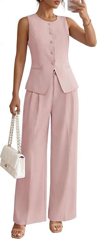 ZESICA Women's Summer 2 Piece Suit Sets 2026 Sleeveless Blazer Vest Wide Leg Pants Business Casua... | Amazon (US)