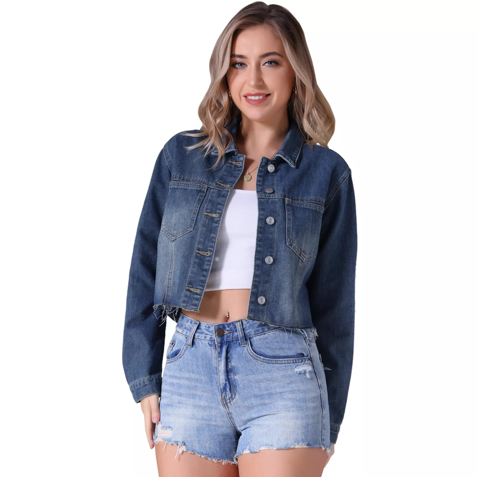 Women's Jean Jackets Long Sleeve Frayed Hem Trendy Cropped Denim Jacket | Kohl's
