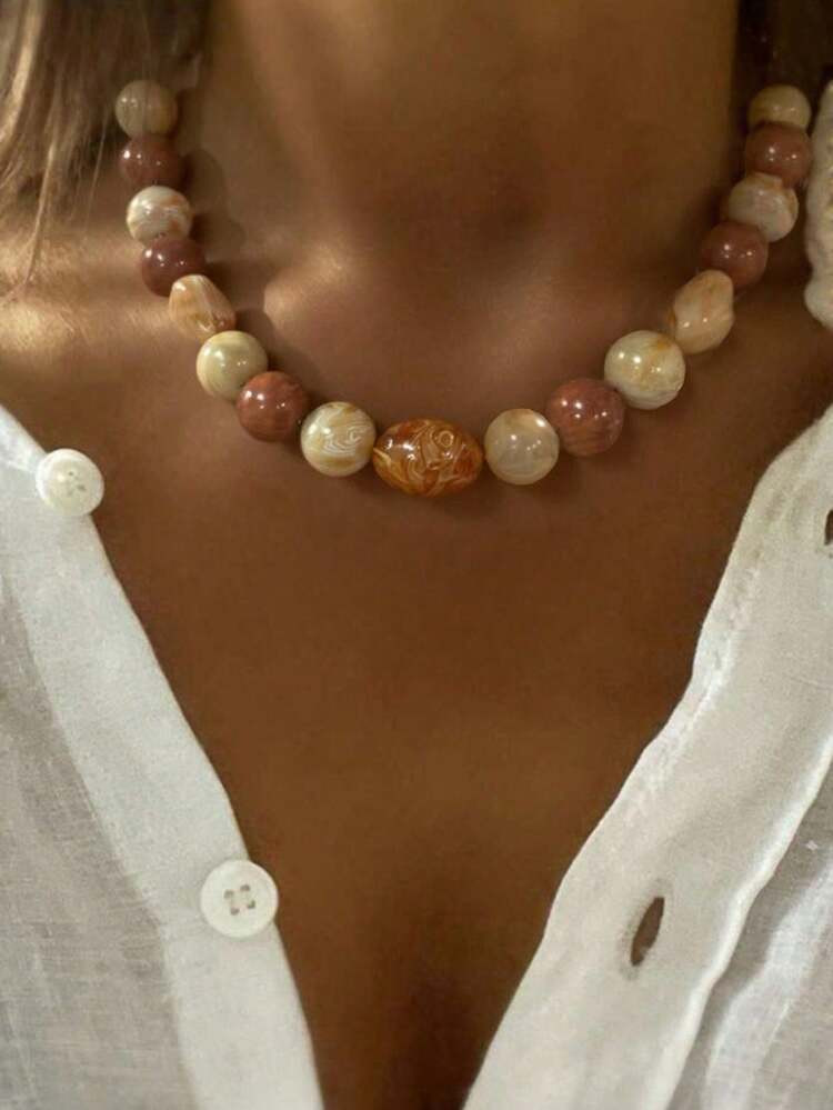 1pc Mydear Vintage Geometric Resin Beaded Necklace, Brown Tone, Suitable For Women's Daily And Pa... | SHEIN