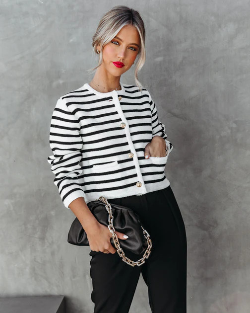 Harbor Bay Striped Pocketed Button Front Cardigan - Black/Cream - SALE | VICI