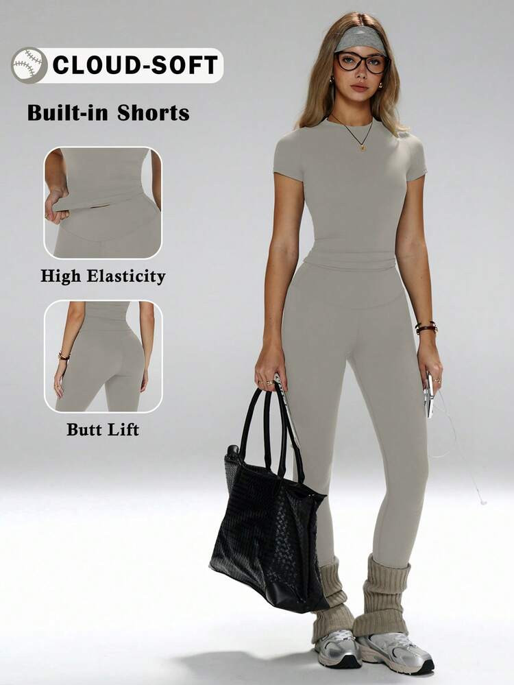 FWH Slim-Fit, Versatile Item, Waist-Cinching And Butt-Lifting, Suitable For Yoga, Fitness Or Casual Daily Wear. Women's Yoga Set, High-Waist Sports Pants Set, Shaping Sports 2-Piece Set, Waist-Cinching Yoga Outfit, Fitted Crew Neck T-Shirt Paired With High-Waist Yoga Pants, Essential 2-Piece Set For Women | SHEIN