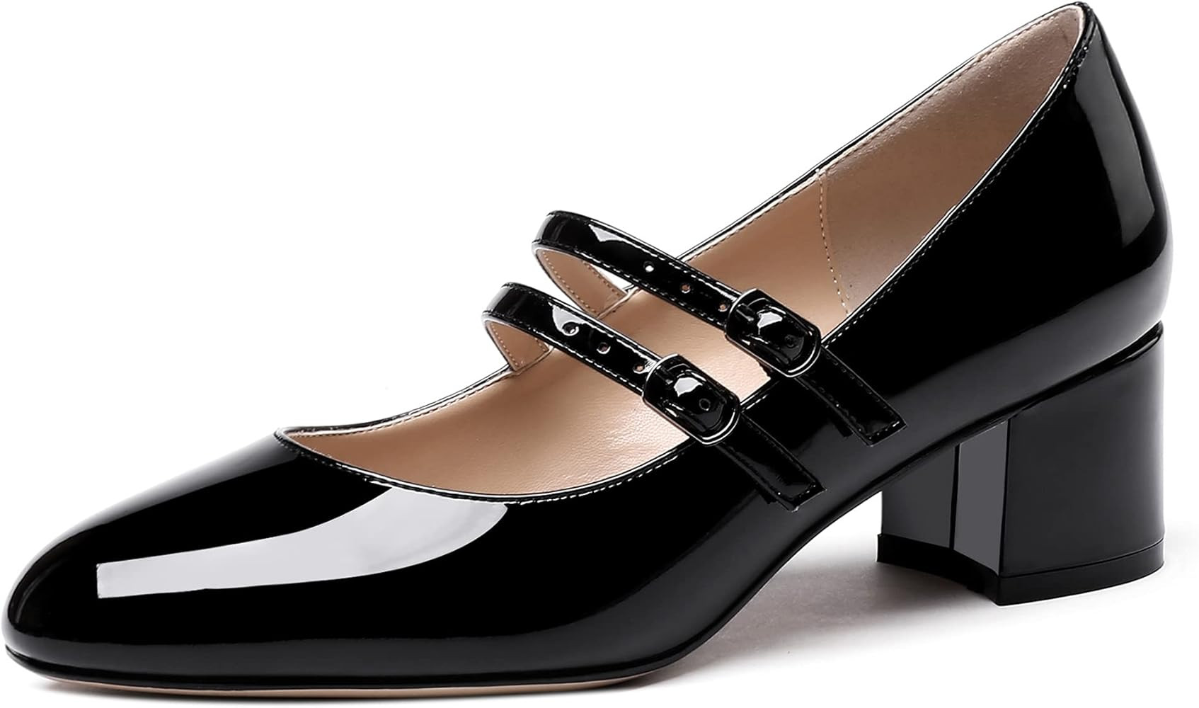 WAYDERNS Women's Adjustable Strap Mary Jane Round Toe Patent Low Chunky Heel Pumps Shoes 2 Inch | Amazon (US)
