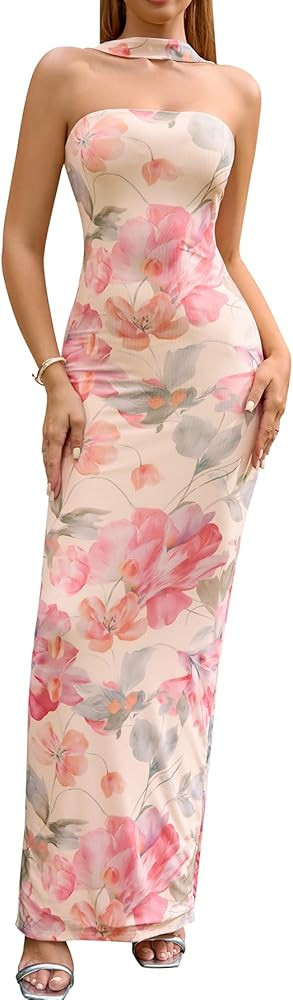 HTZMO Women Elegant Summer Bodycon Maxi Dress Halter Neck Formal Wedding Guest Cocktail Party Lon... | Amazon (US)