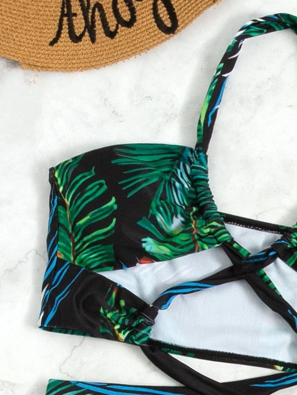 Palm Leaf Print Criss Cross Halter Bikini Swimsuit  SKU: sw2110121951112256(1000+ Reviews)$16.49$... | SHEIN
