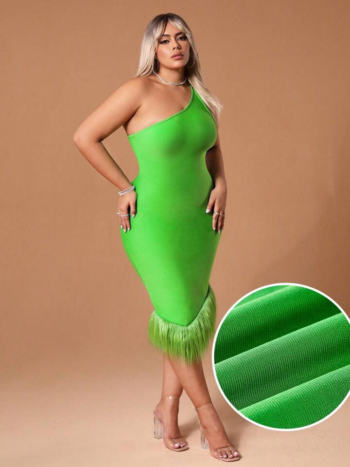 SHEIN SXY New Years Plus Size One Shoulder Elegant Bandage Prom Dress With Furry Trim | SHEIN