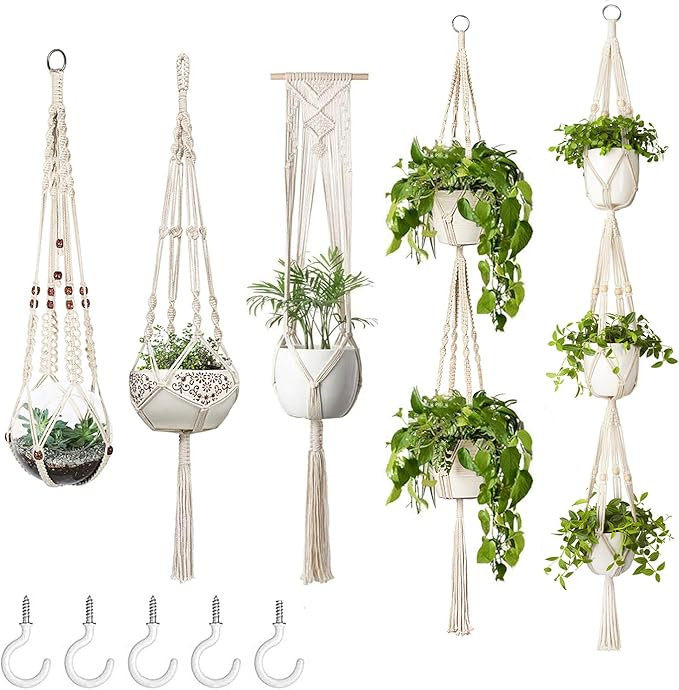 Mkono Macrame Plant Hangers, 5 Pack Different Tiers Indoor Hanging Planters Basket with 5 Hooks D... | Amazon (US)