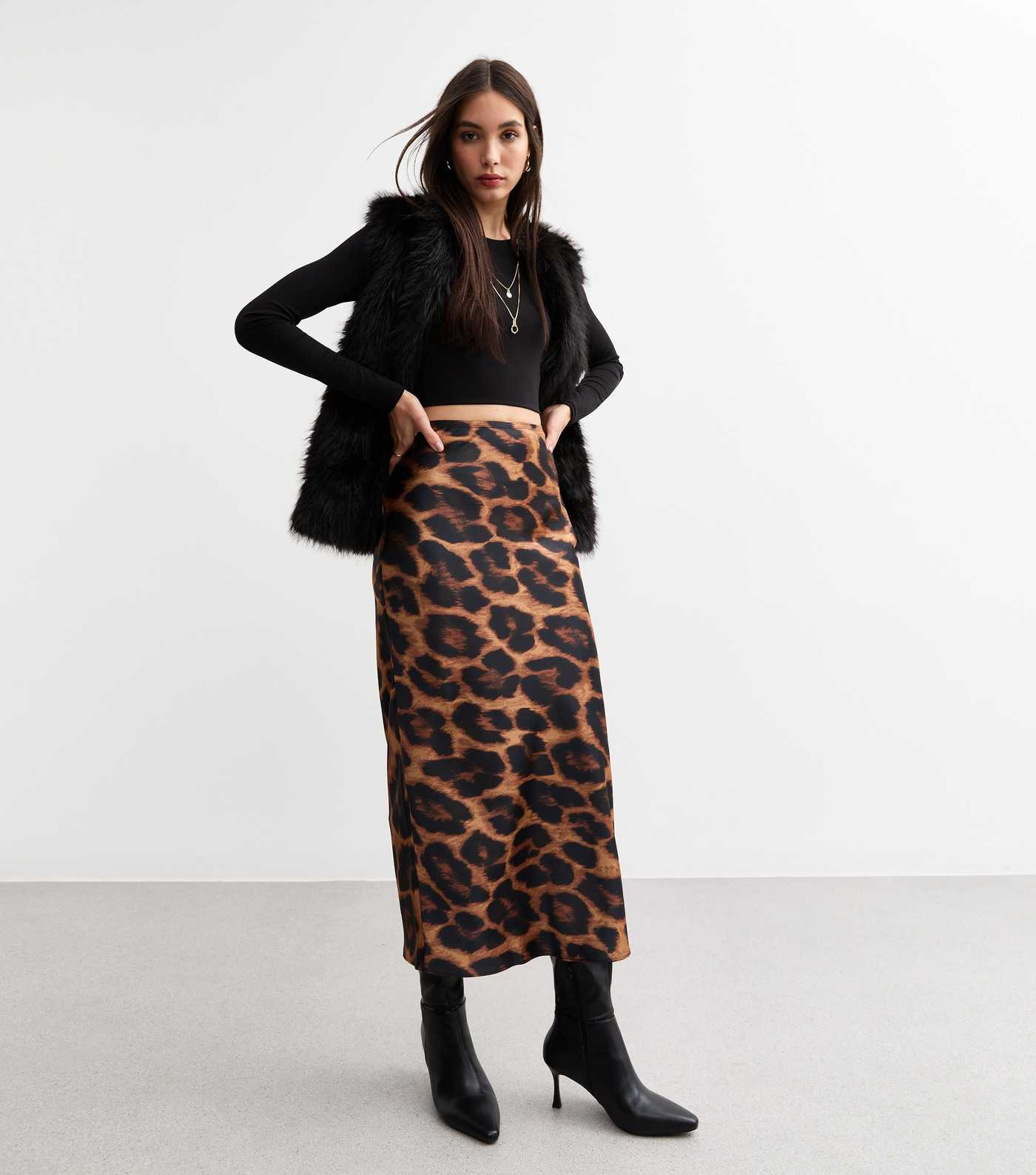 Brown Leopard Print Satin Midi Skirt | New Look | New Look (UK)