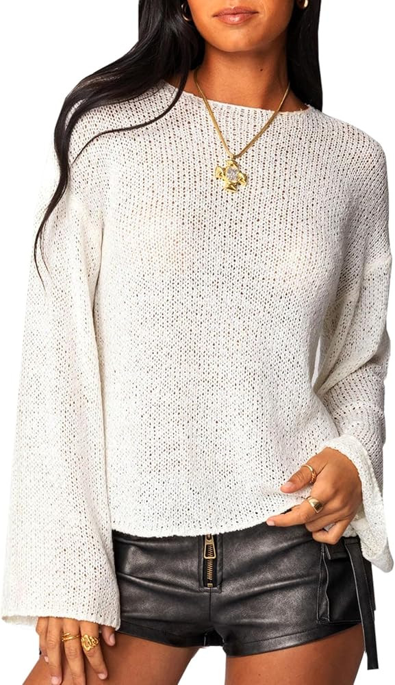 Navneet Women Boat Neck Long Sleeve Lightweight Sheer Sweater Pullover See Through Knit Poncho To... | Amazon (US)