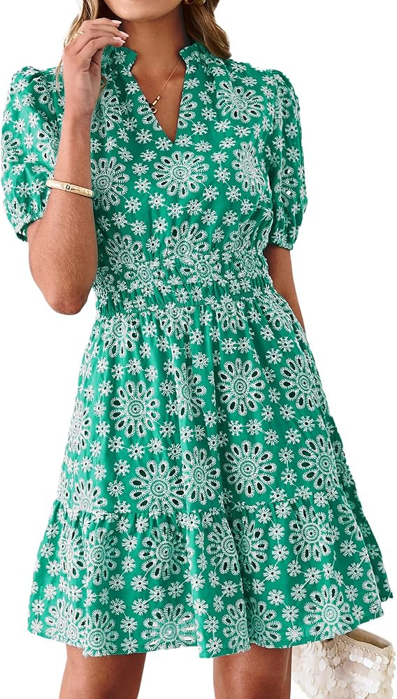 BerryGo Womens Summer Eyelet Mini Dress Beach Casual Embroidery Lace Puff Short Sleeve V Neck Boh... | Amazon (US)