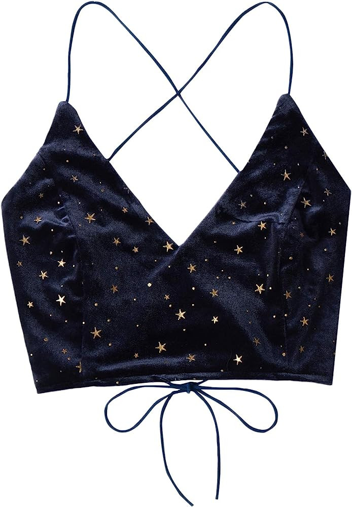 Verdusa Women's Velvet Galaxy Print Crisscross Back Spaghetti Strap Crop Cami Top | Amazon (US)