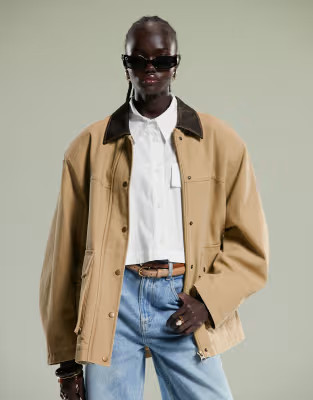 ASOS DESIGN oversized washed jacket with leather look collar in stone | ASOS | ASOS (Global)