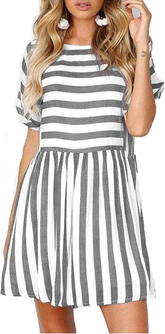 Naggoo Womens Summer Striped Short Sleeve T-Shirt Dresses Casual Swing Aline Dresses with Pocket | Amazon (US)