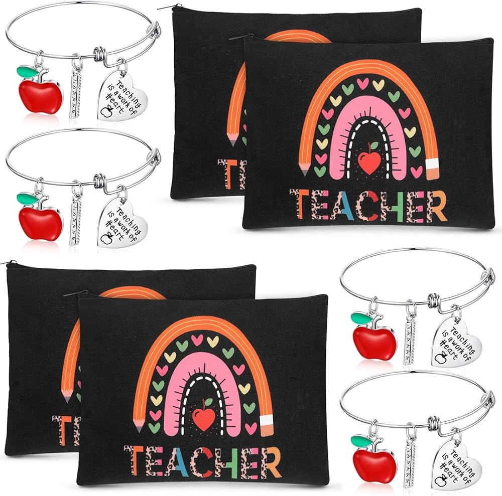 8 Pcs Teacher Appreciation Gift Set for Women, 4 Teacher Makeup Pouch Cosmetic Bags and 4 Bangle ... | Amazon (US)
