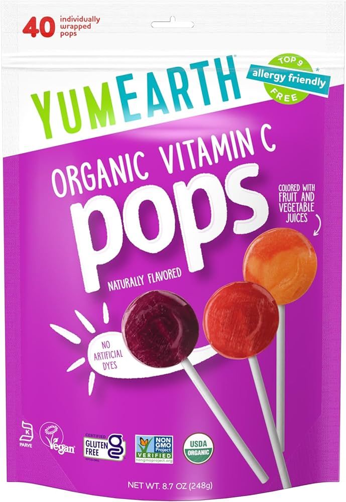 YumEarth Organic Vitamin C Pops Variety Pack, 40 Fruit Flavored Favorites Lollipops, Allergy Frie... | Amazon (US)