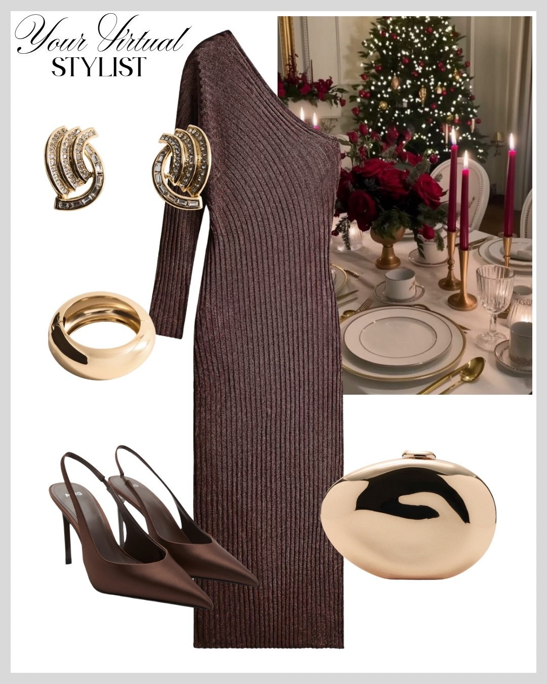 A metallic one-shoulder ribbed dress styled with gold statement jewelry, brown slingback heels, and a glossy gold clutch. Sophisticated, warm, and perfect for holiday dinners✨🤎

#LTKfestive #LTKdresses #LTKpartywear