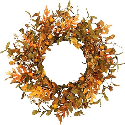 WreathDream 20'' Fall Wreath Autumn Wreath for Front Door with Small Pumpkins and Oak Leaves for ... | Amazon (US)