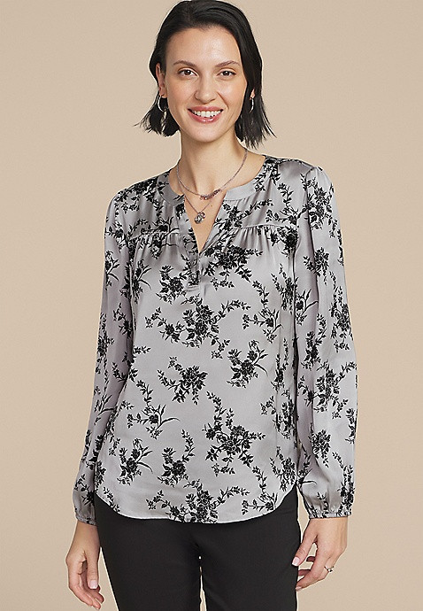 Gray Satin Floral Print Blouse | Maurices