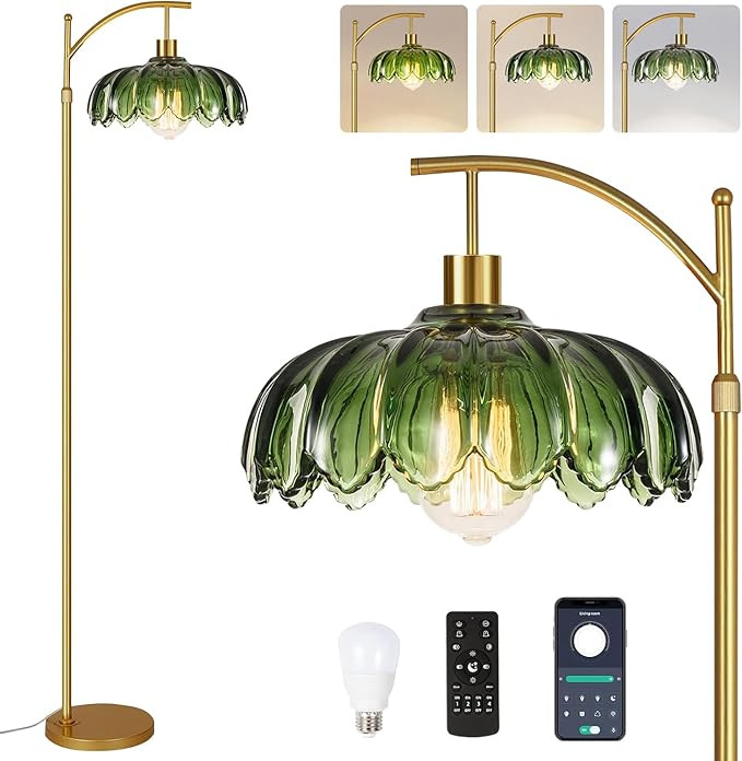 QIYIZM Glass Floor Lamp for Living Room,Bedroom,Gold Dimmable Standing Lamp with Remote,Mid Centu... | Amazon (US)