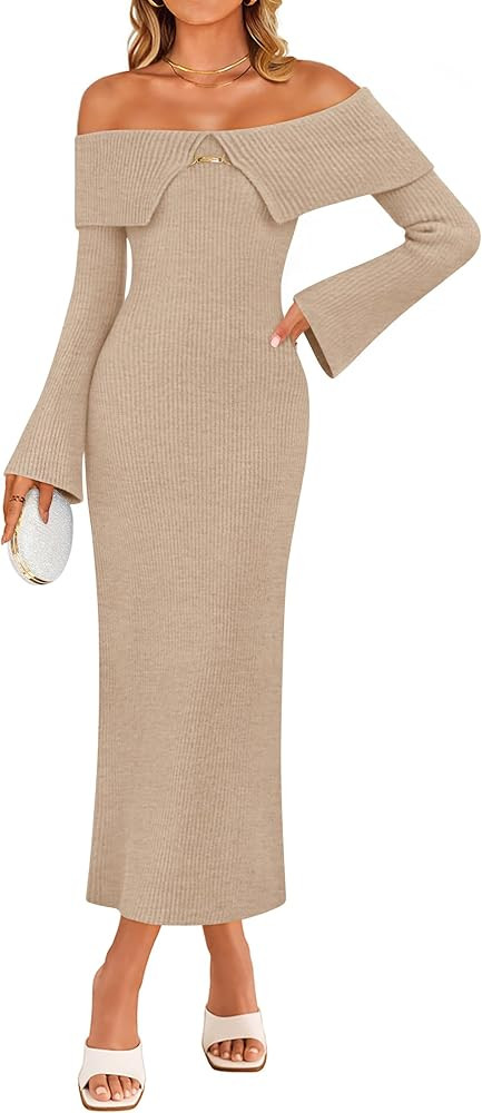 ZESICA Women's Fall Off Shoulder Sweater Dress 2025 Bell Long Sleeve Ribbed Knit Bodycon Formal M... | Amazon (US)
