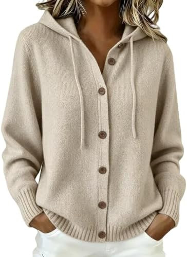 Womens Knit Hooded Sweaters V Neck Button Long Sleeve Cashmere Cardigan | Amazon (US)