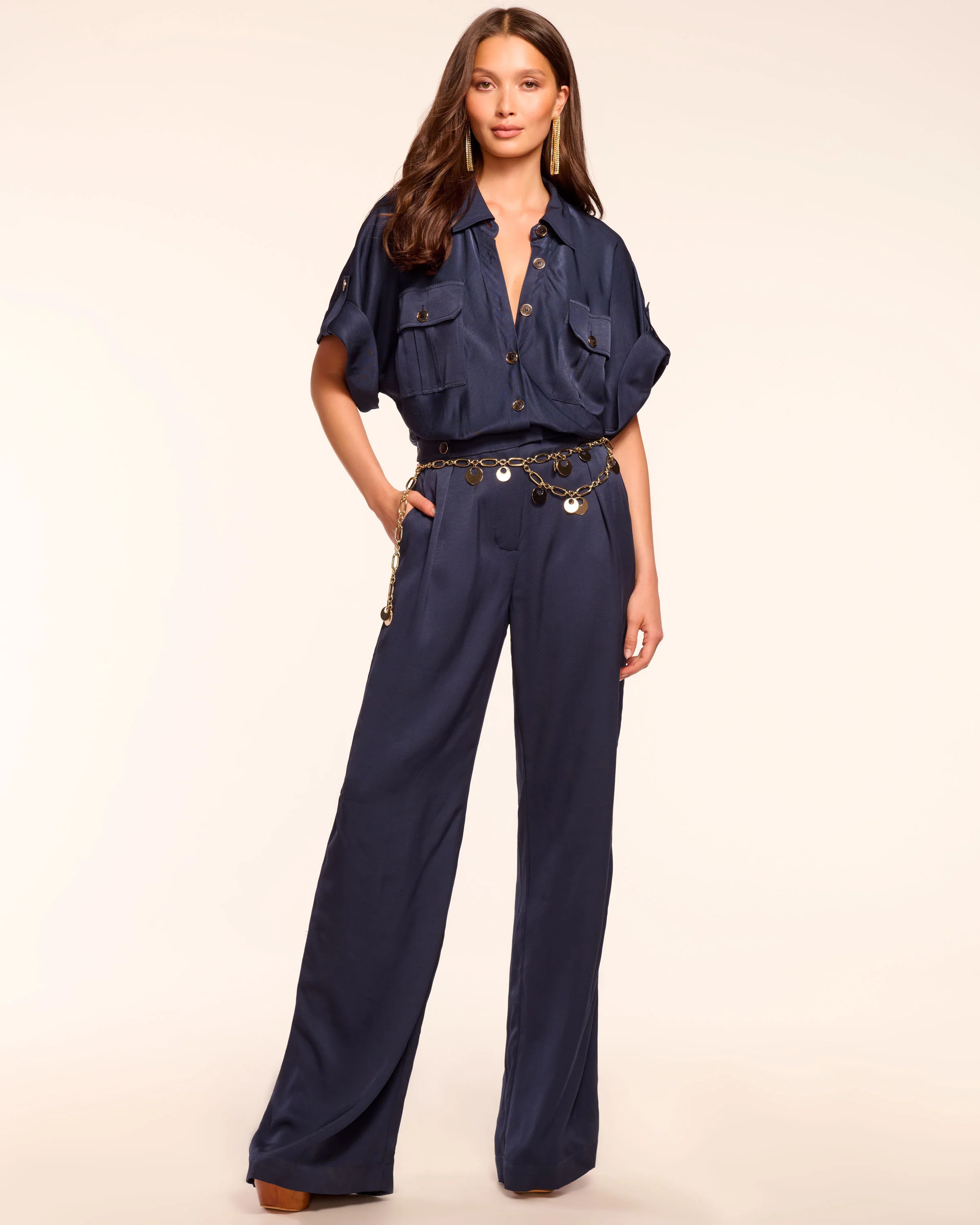 Nathan Button Down Short Sleeve Jumpsuit in Navy | Ramy Brook