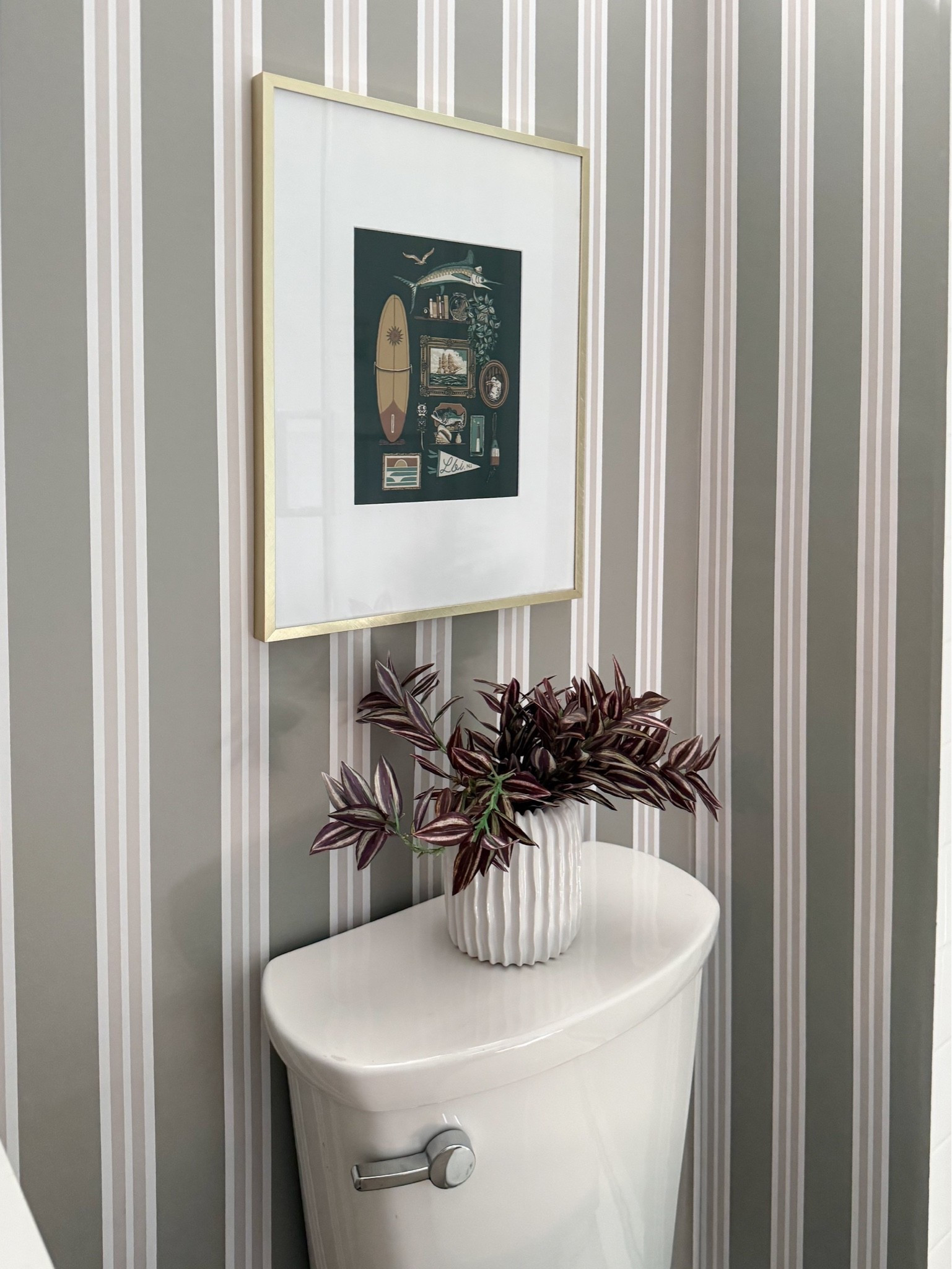 This powder room corner is such a great example of making a small space feel intentional. The striped wallpaper, framed artwork, and sculptural vase add personality while keeping the overall look clean and timeless.

powder room decor, bathroom styling, striped wallpaper, small bathroom ideas, bathroom wall art, toilet decor, decorative vase, bathroom makeover, classic bathroom design, neutral home decor, timeless interiors, girlonthehudson

#LTKHome #LTKSeasonal #LTKdayinmylife