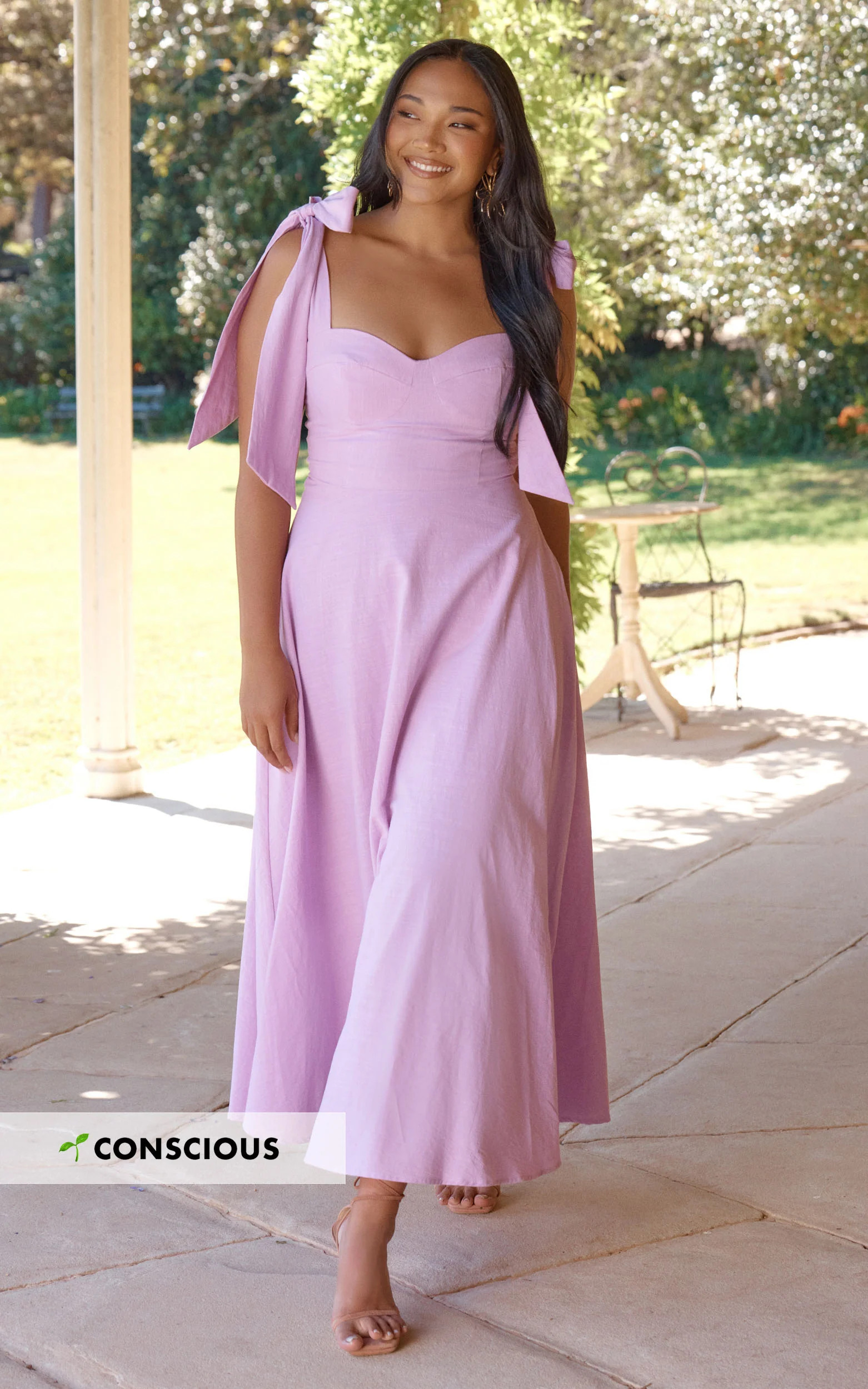 Tymia Midi Dress - Shoulder Tie Bustier Shirred Back A Line in Lavender | Showpo USA | Showpo (US, UK & Europe)