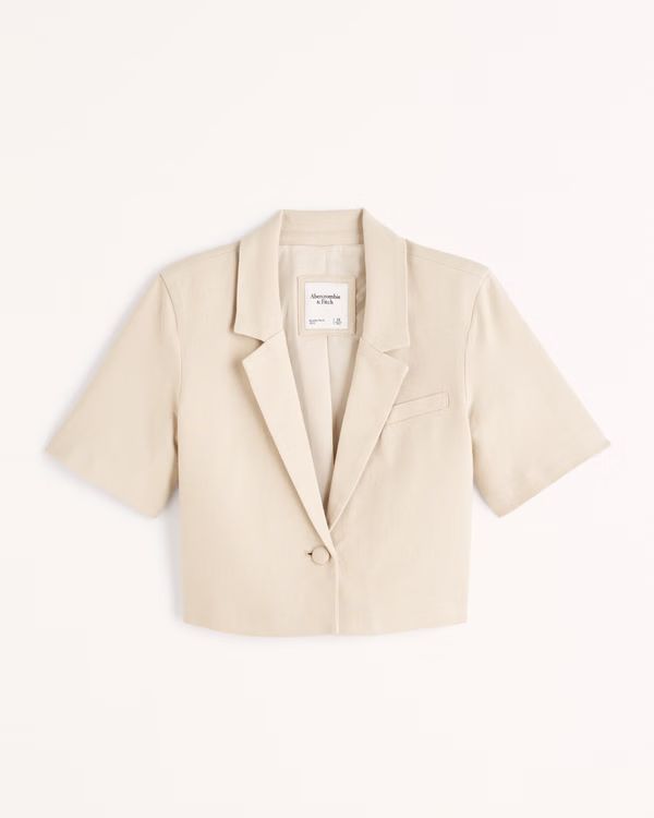 Linen-Blend Short-Sleeve Cropped Blazer | Abercrombie & Fitch (US)